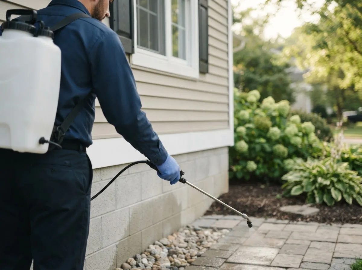 Pest control technician inspecting a home in Adell, WI